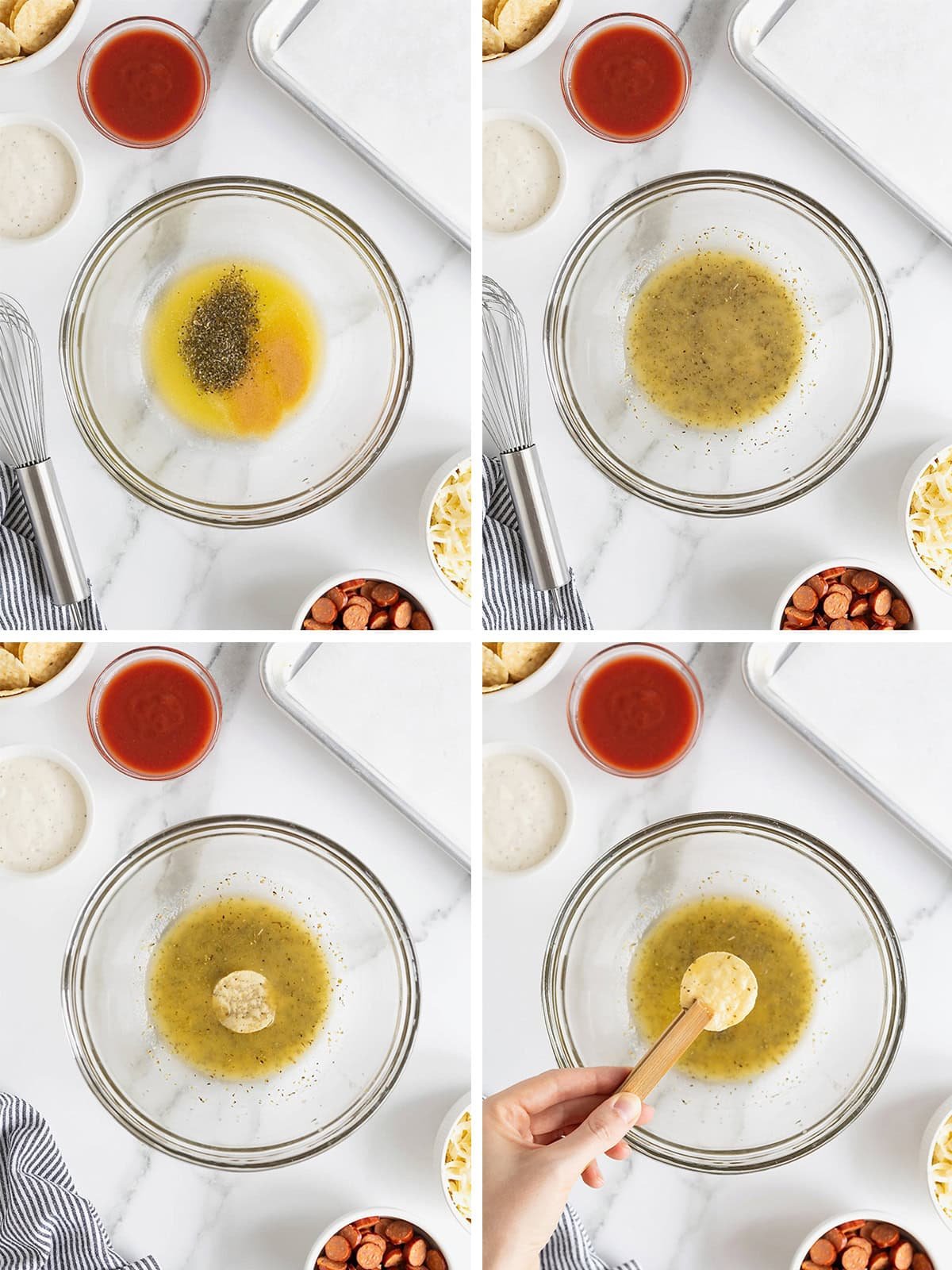 Steps to make pizza taco bites.
