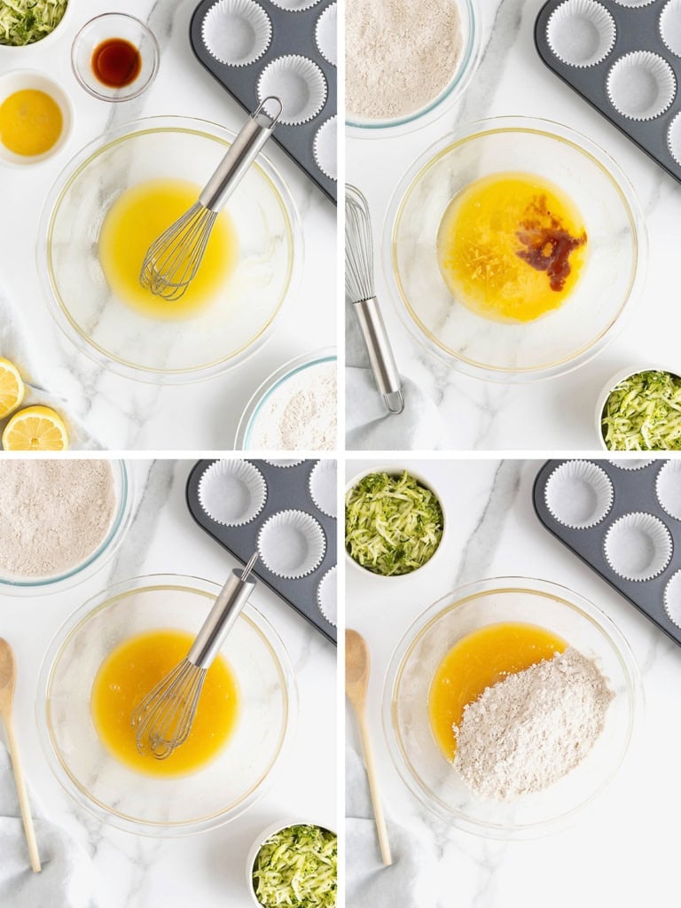 Steps to make zucchini muffins.