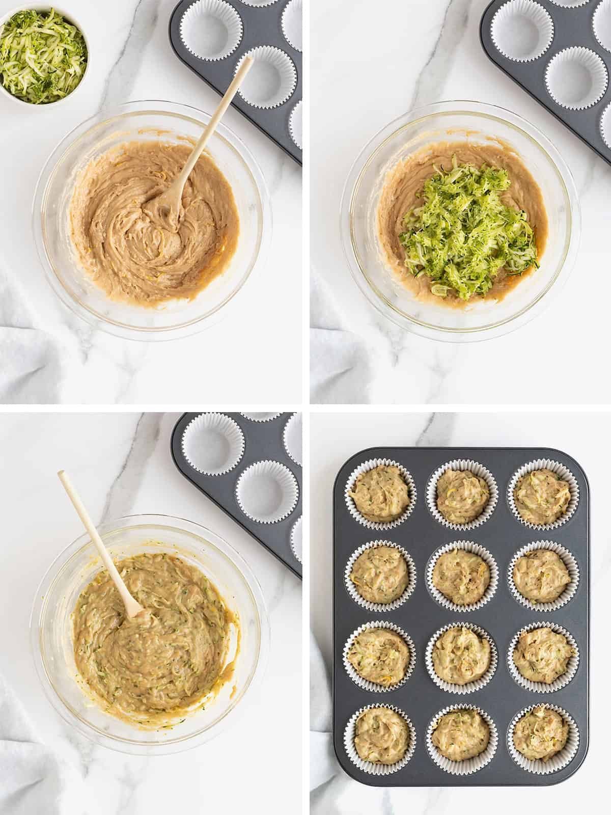 Steps to make zucchini muffins.