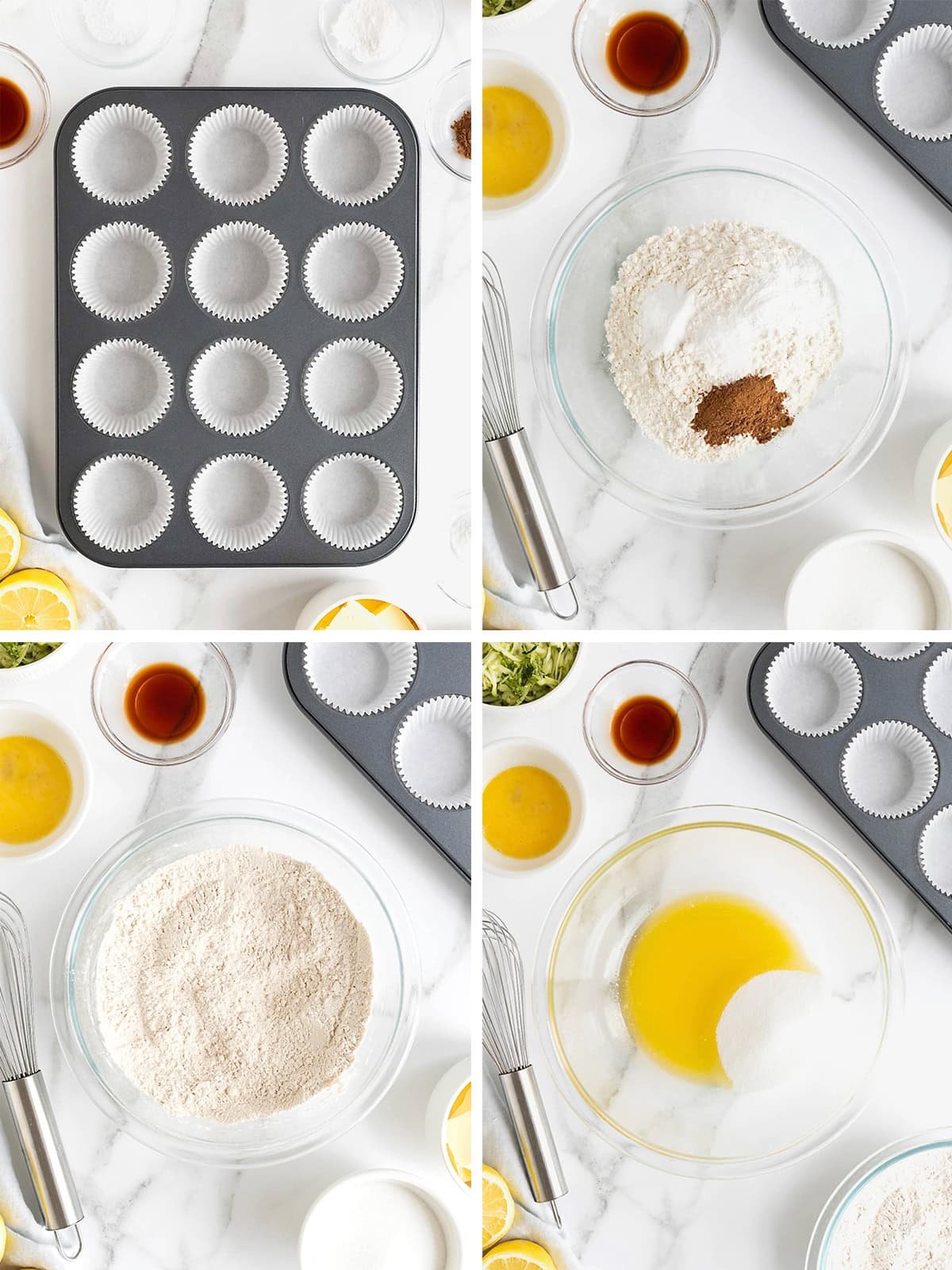 Steps to make zucchini muffins.