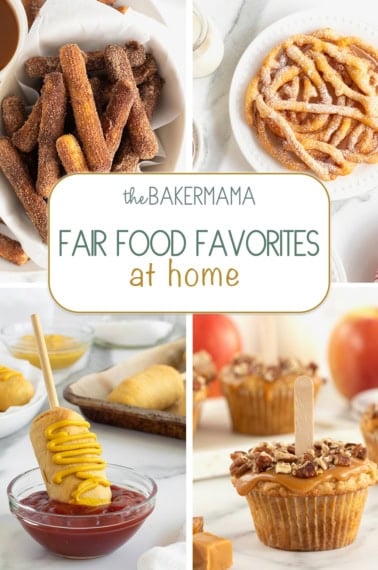 Baked Churros, funnel cake, baked corn dogs, and caramel apple cupcakes.