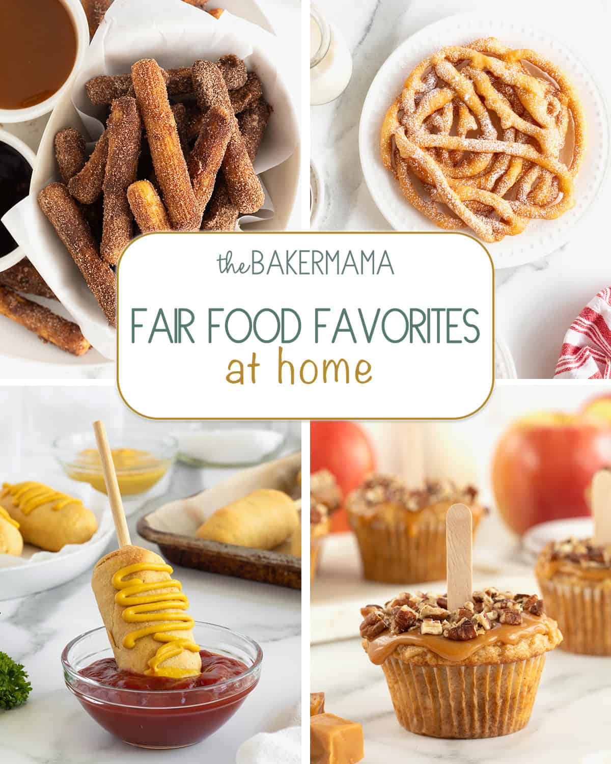 Baked Churros, funnel cake, baked corn dogs, and caramel apple cupcakes.