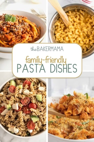 Spaghetti and meatballs, stovetop macaroni and cheese, hummus pasta salad and chicken parmesan casserole.