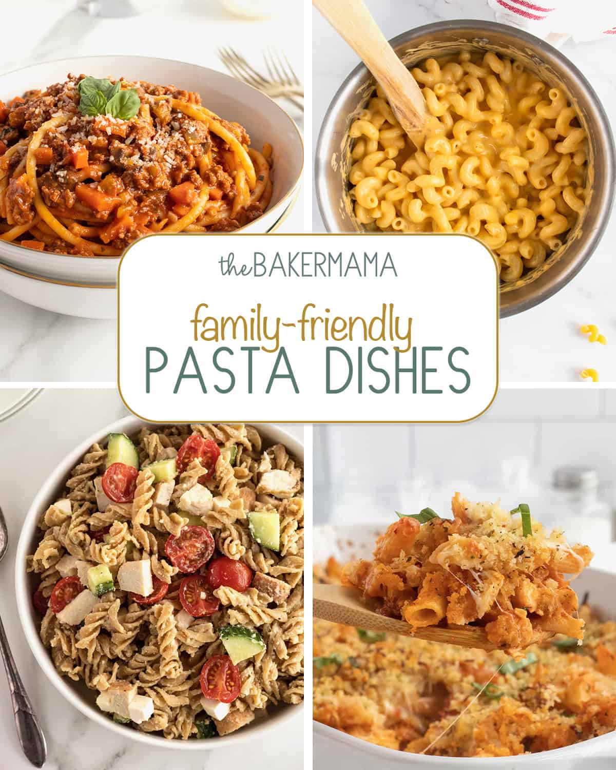 Spaghetti and meatballs, stovetop macaroni and cheese, hummus pasta salad and chicken parmesan casserole.