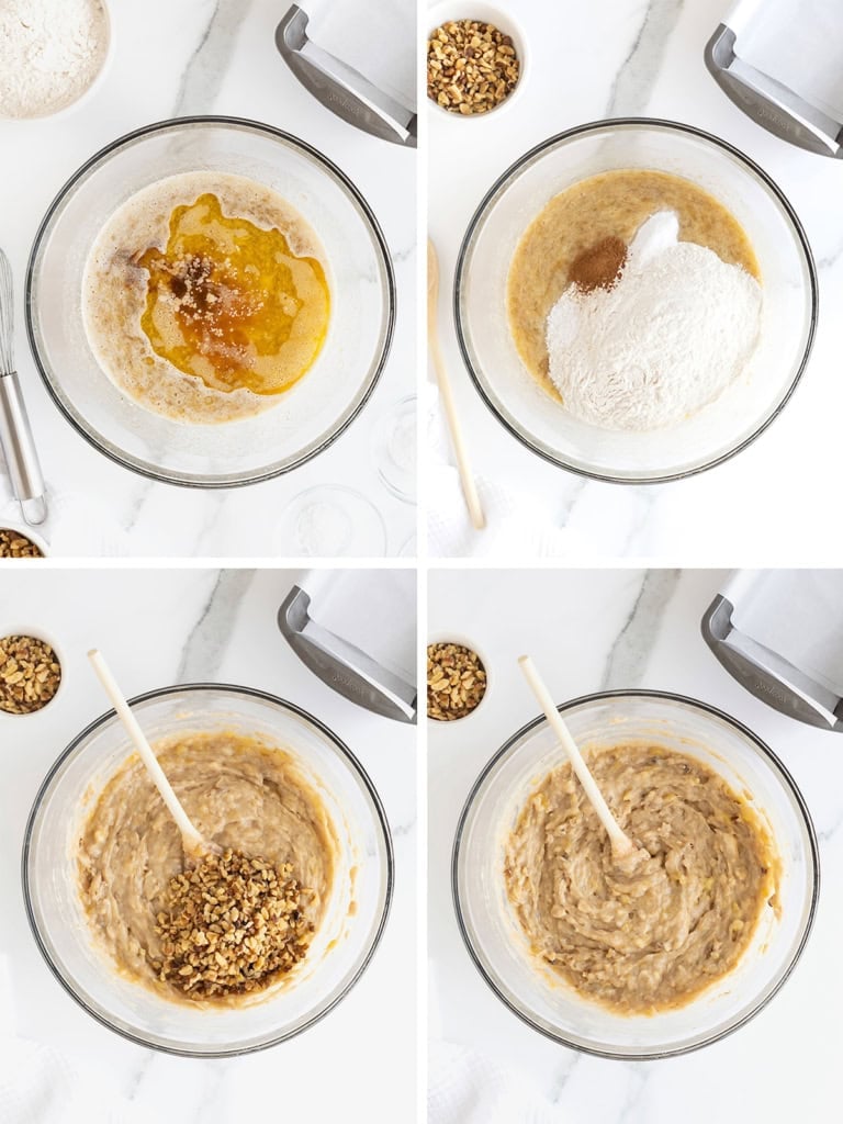 Steps to make brown butter banana nut bread.