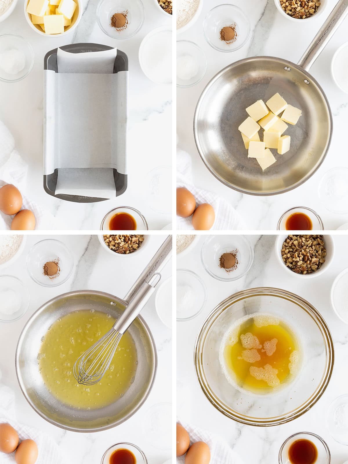 Steps to make brown butter banana nut bread.