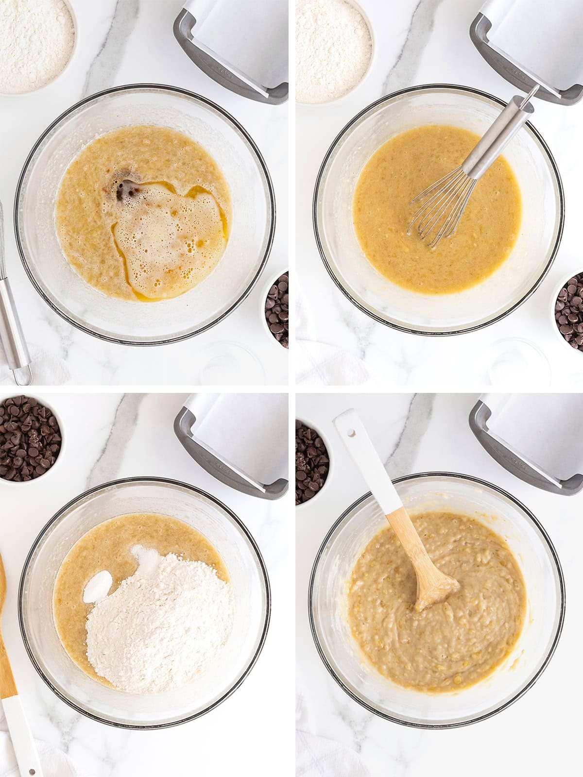Steps to make brown butter chocolate chip banana bread.
