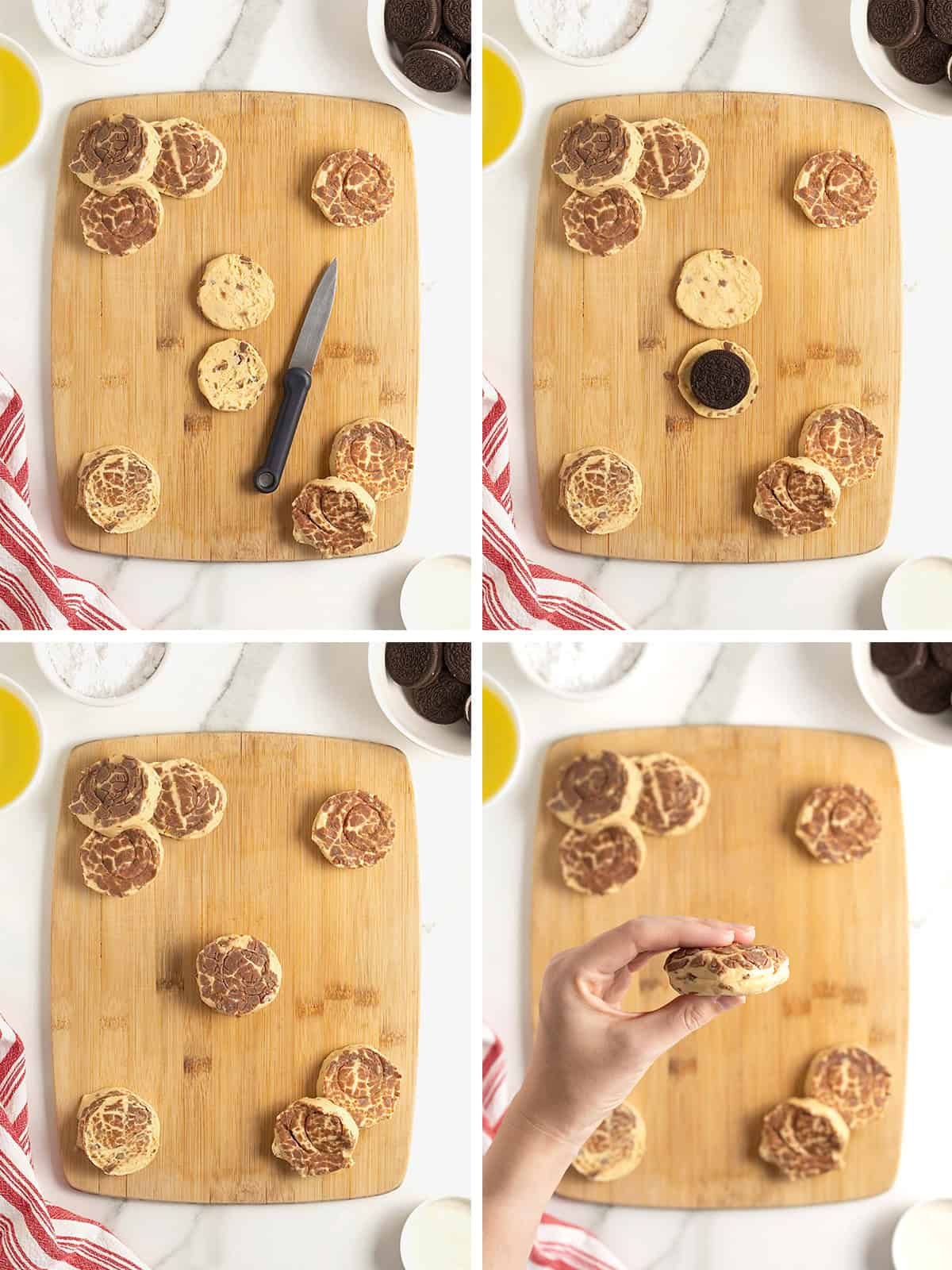 Steps to make cinnamon roll fried Oreos.