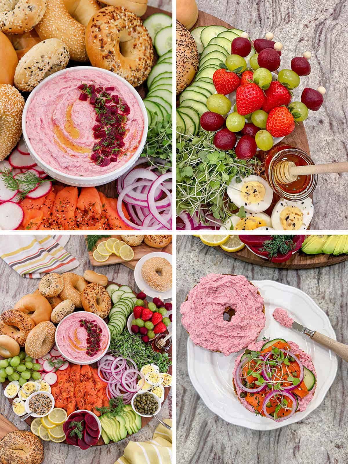 How to build a Breakfast Bagel Sandwich Board with Beet Cream Cheese Spread.