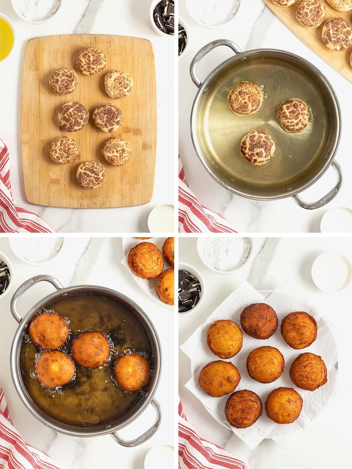Steps to make cinnamon roll fried Oreos.