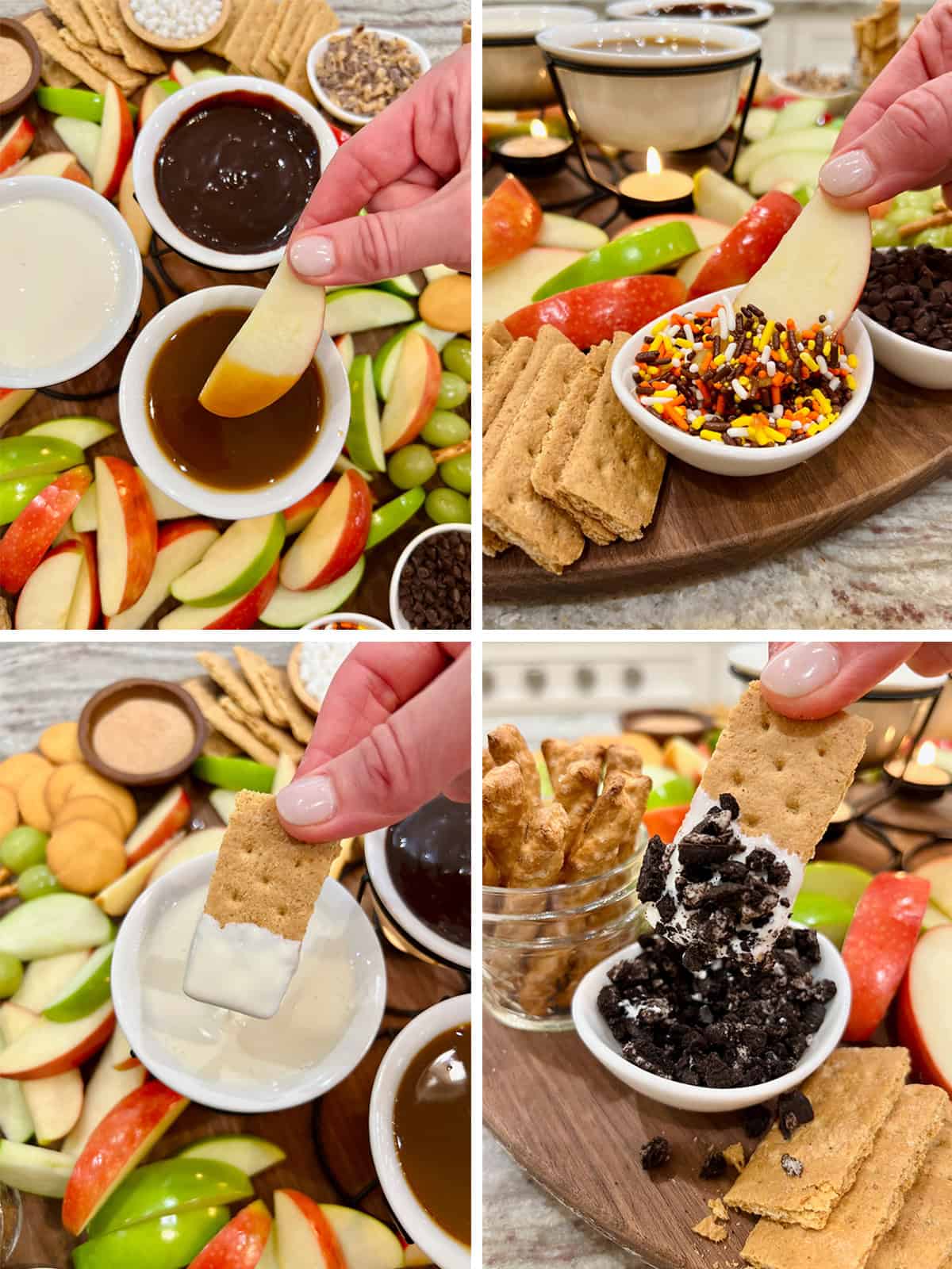 Dipping apples and graham crackers in caramel, marshmallow creme and Oreo bits.