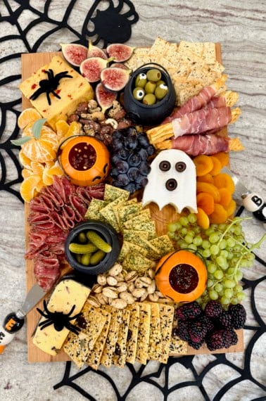 The BakerMama's signature board filled in with Halloween themed foods.