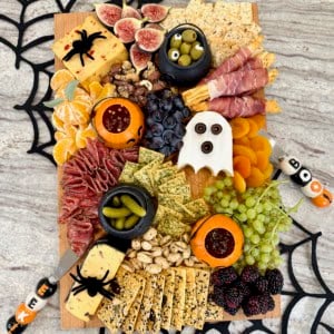 The BakerMama's signature board filled in with Halloween themed foods.