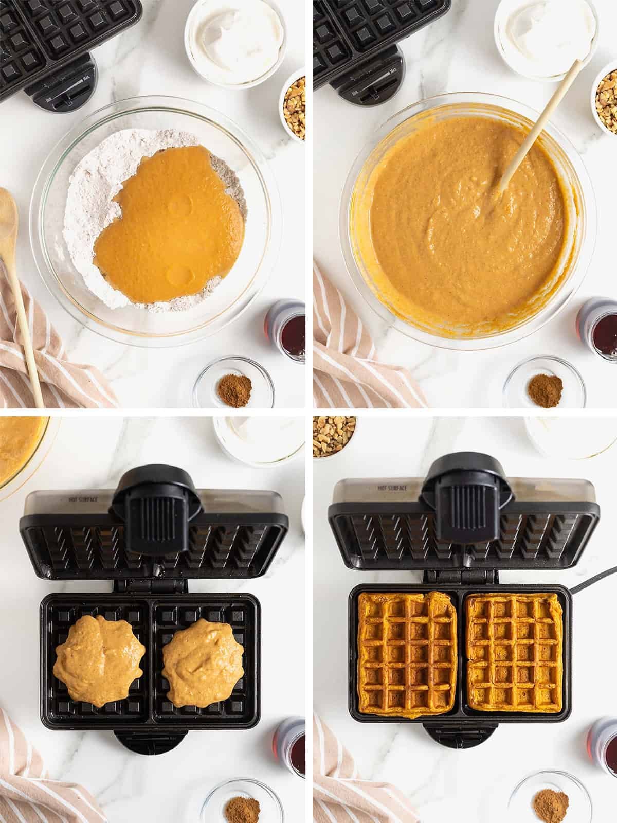 Steps to make pumpkin waffles.