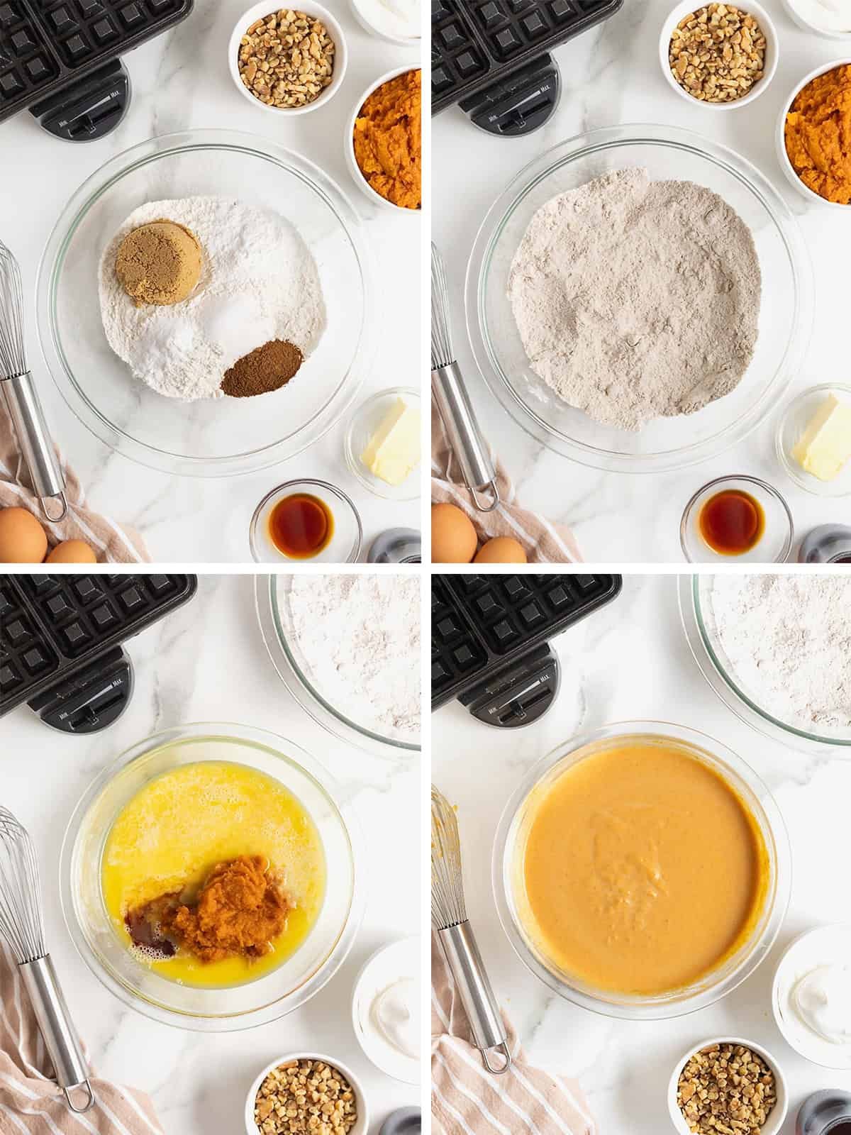 Steps to make pumpkin waffles.