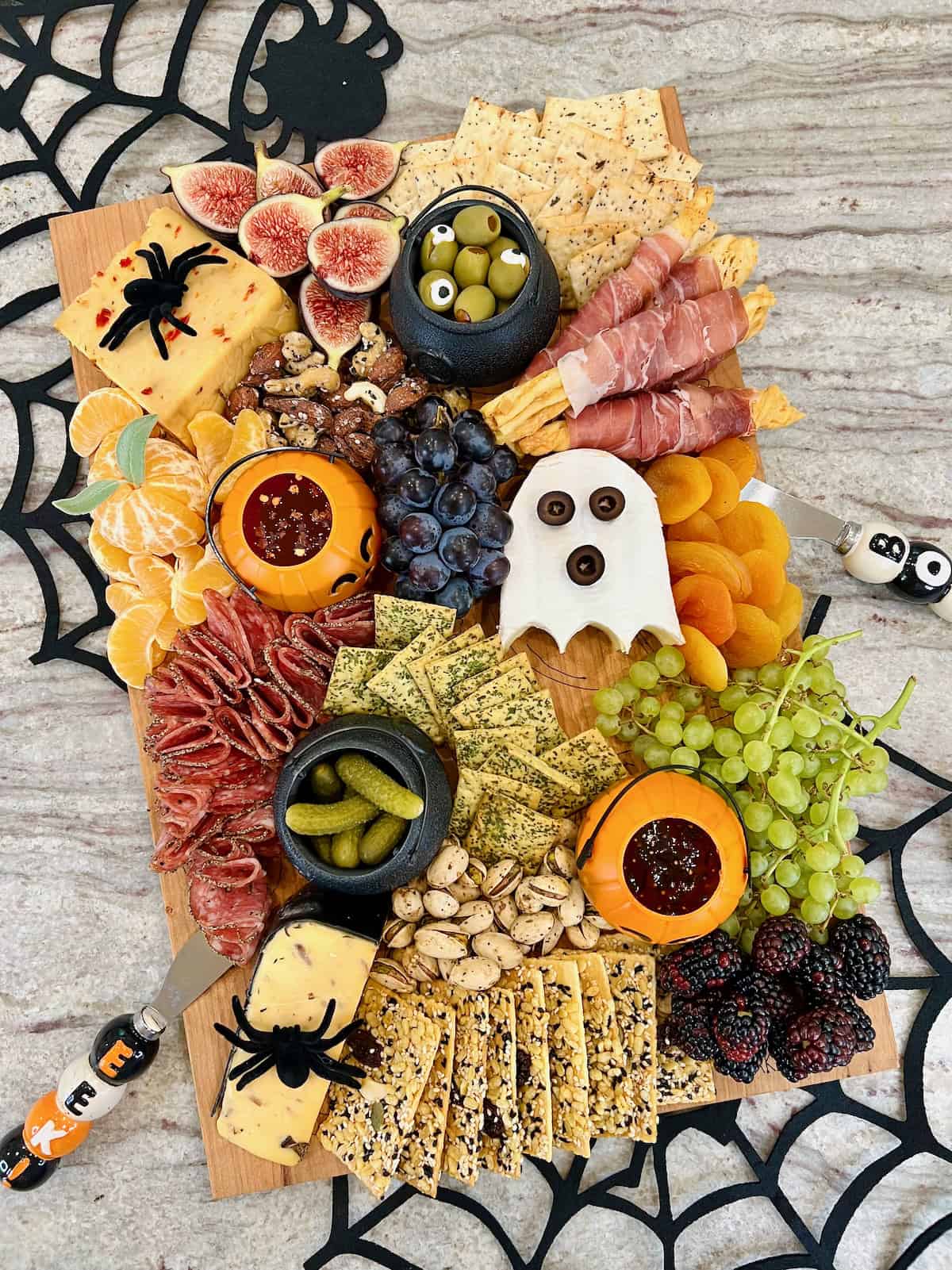 The BakerMama's signature board filled in with Halloween themed foods.