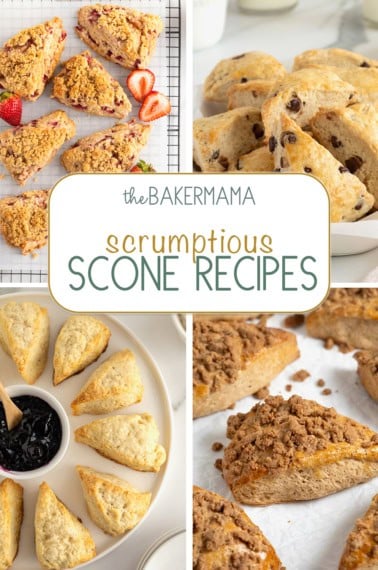 Strawberry streusel scones, chocolate chip scones, sweet and simple scones, and snickerdoodle streusel cookies.