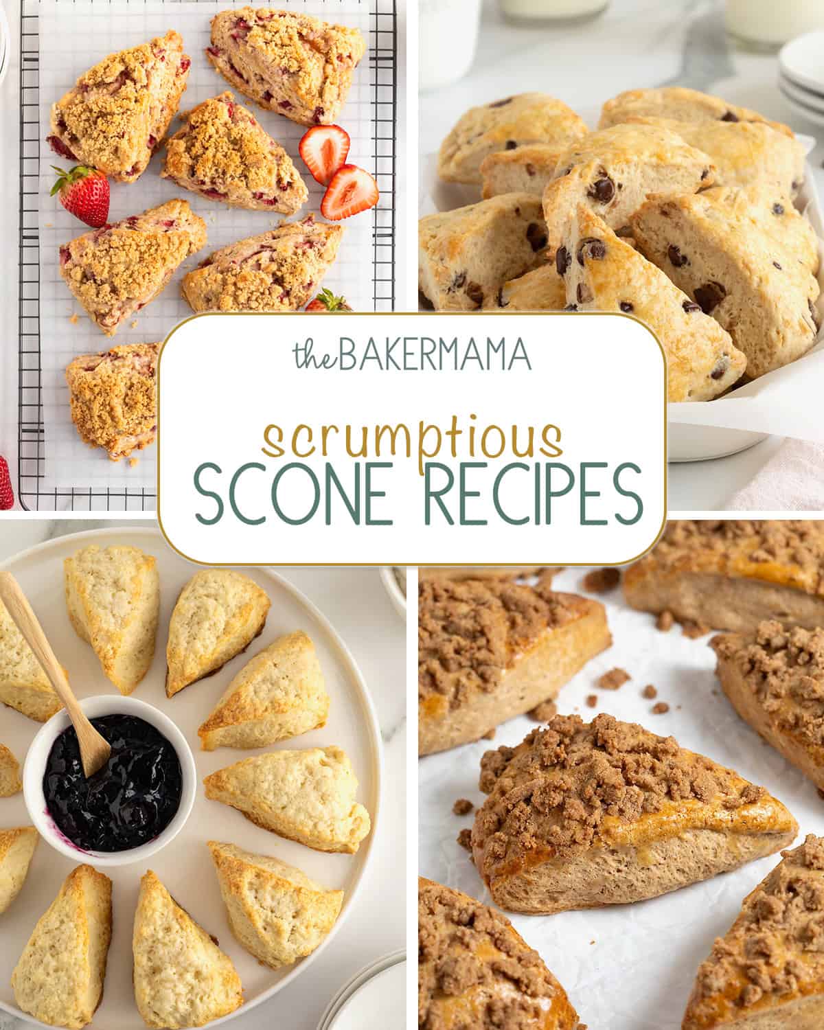 Strawberry streusel scones, chocolate chip scones, sweet and simple scones, and snickerdoodle streusel cookies.