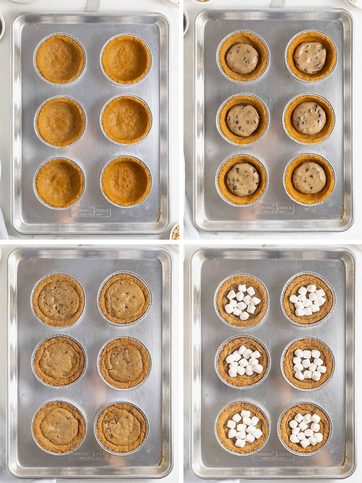 Steps to make mini s'mores cookie pies.