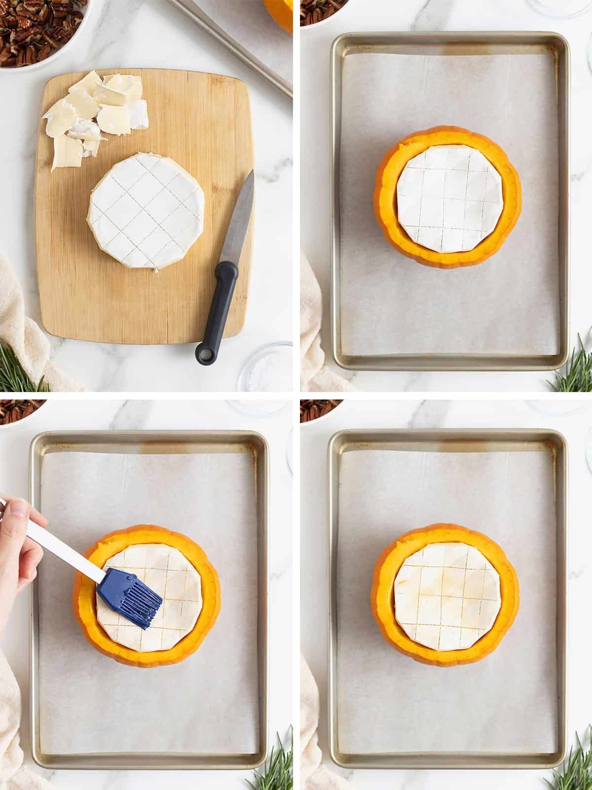 Steps to make baked brie in a mini pumpkin.