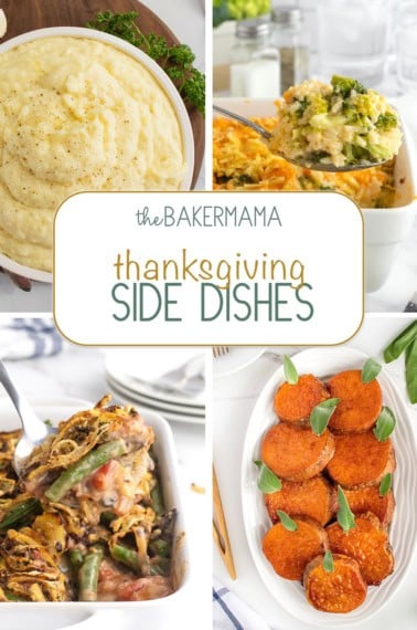 Creamy mashed potatoes, broccoli cheese rice casserole, fresh green bean casserole, and roasted sweet potatoes.