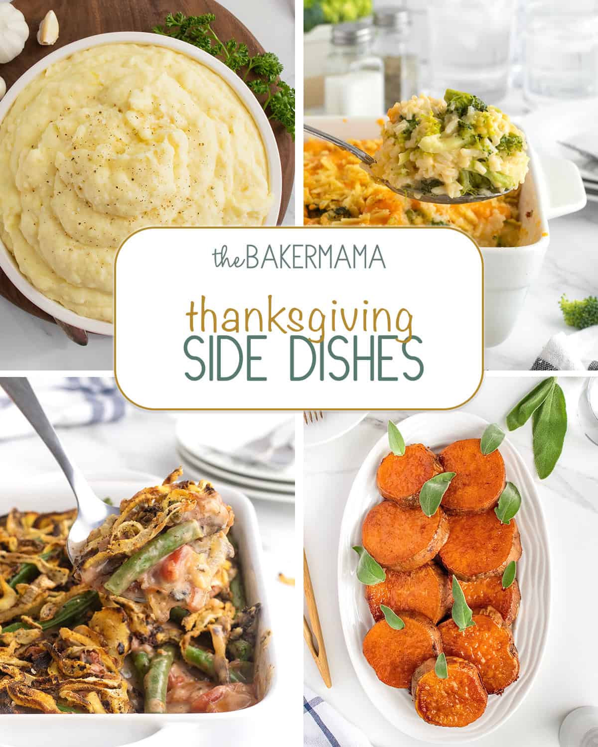 Creamy mashed potatoes, broccoli cheese rice casserole, fresh green bean casserole, and roasted sweet potatoes.