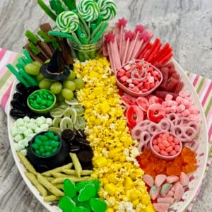 A snack board to celebrate the movie Wicket on a gray marble counter.