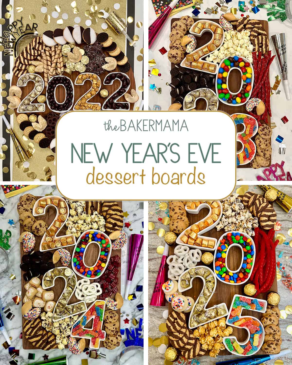 Sweets and treats boards for celebrating New Year's Eve.