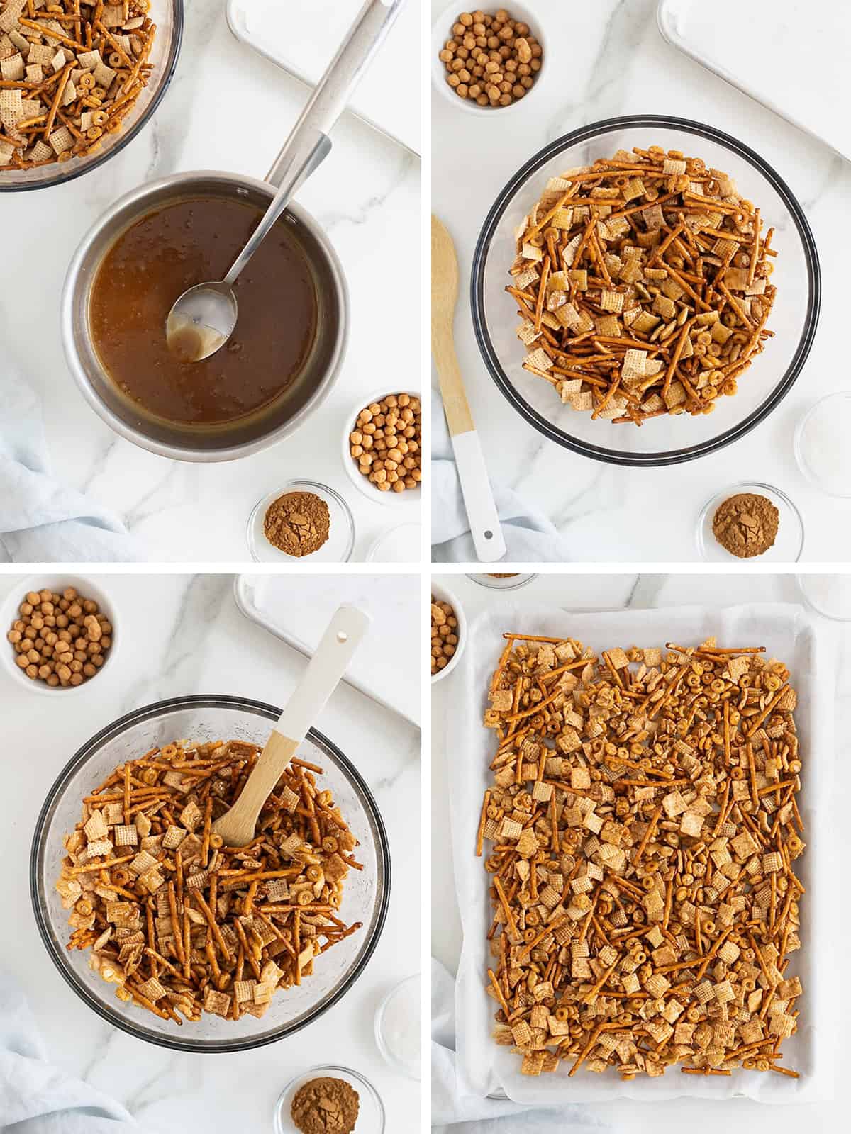Steps to make churro snack mix.