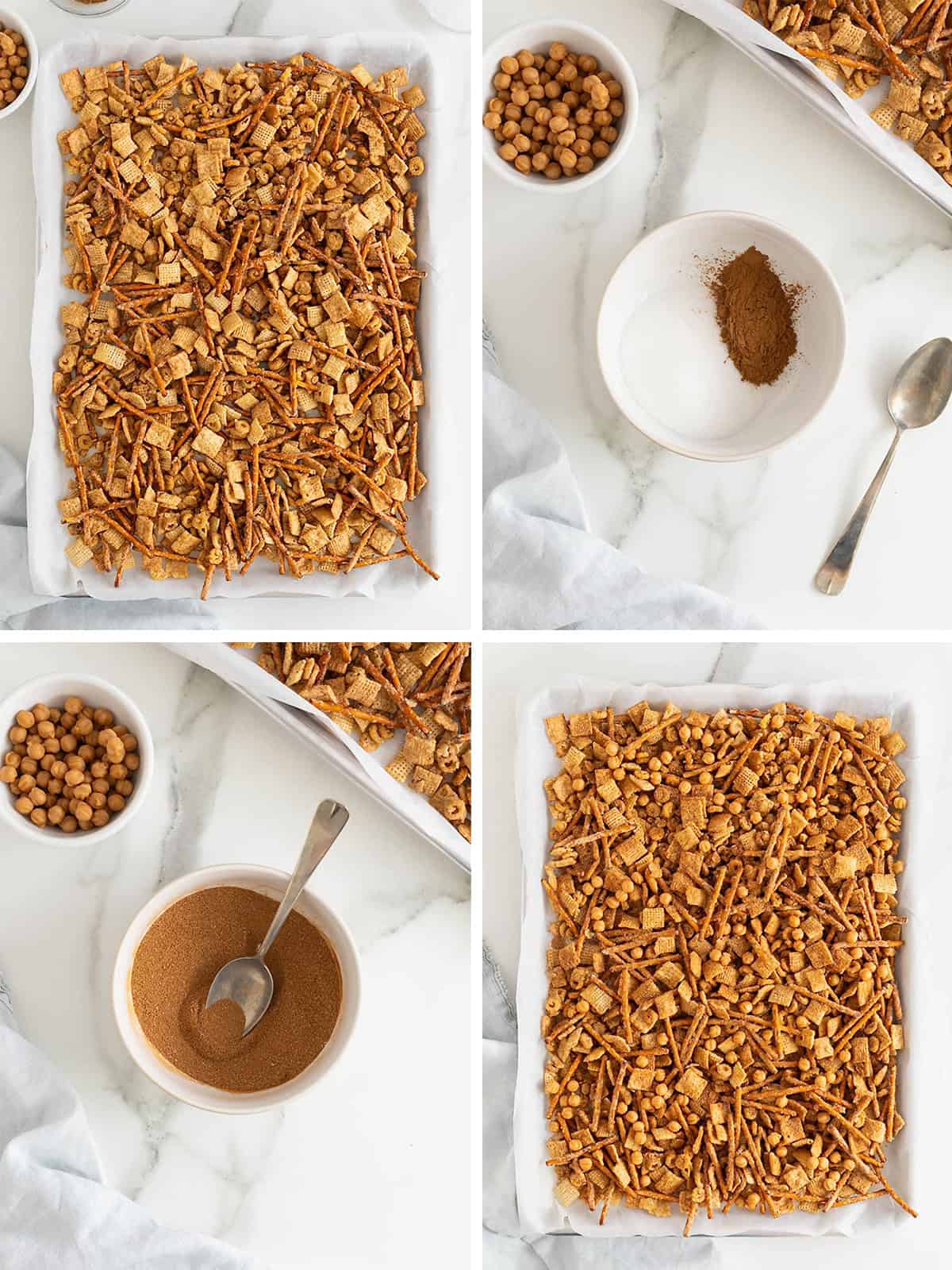 Steps to make churro snack mix.