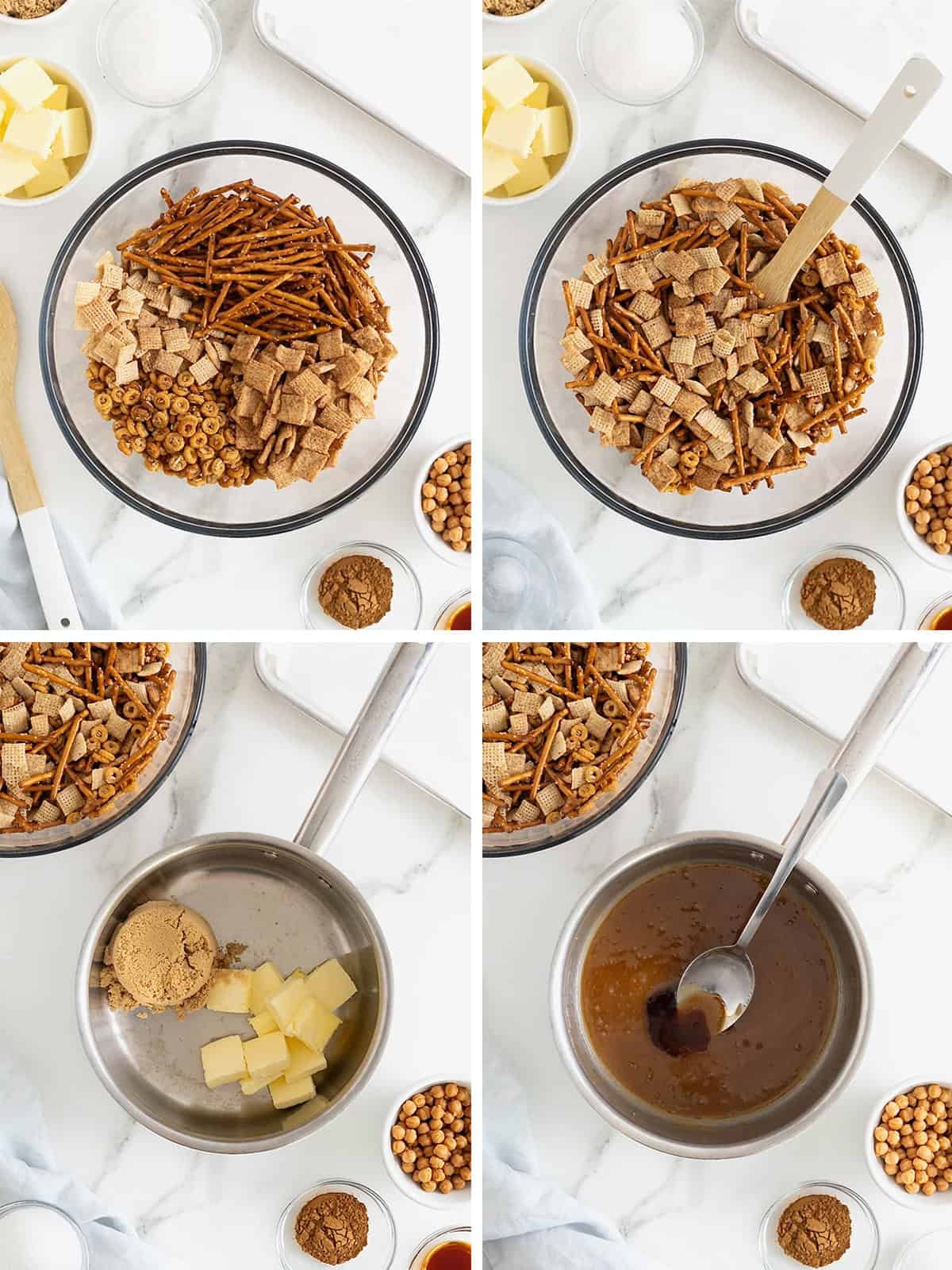 Steps to make Churro Snack Mix and butter caramel sauce.