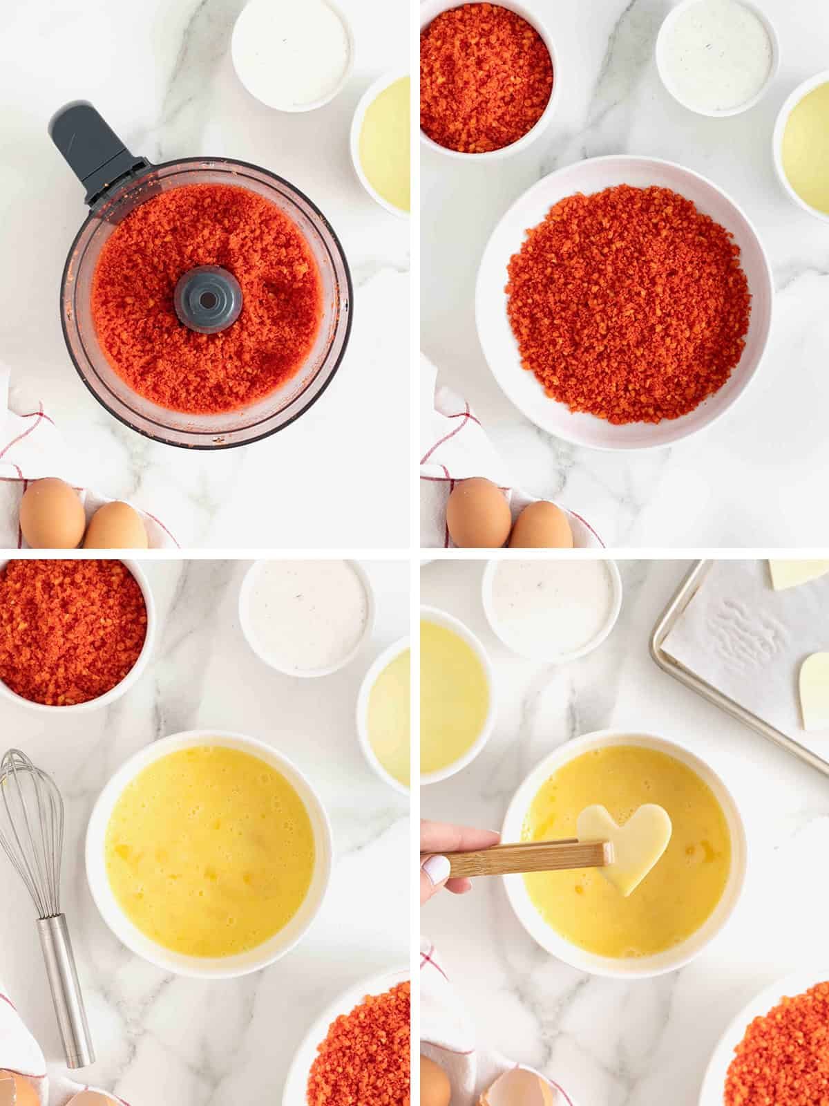 Steps to make Flamin' Hot Cheeto Mozzarella Hearts.