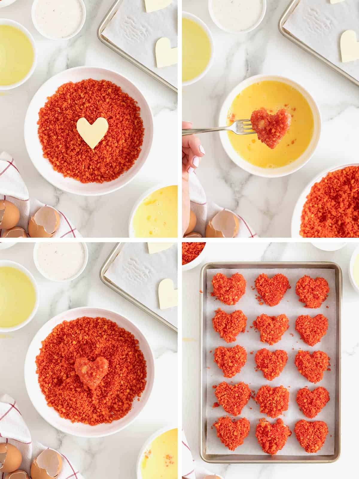 Steps to make Flamin' Hot Cheeto Mozzarella Hearts.