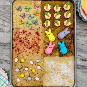 Easter cookie bars on a sheet pan.