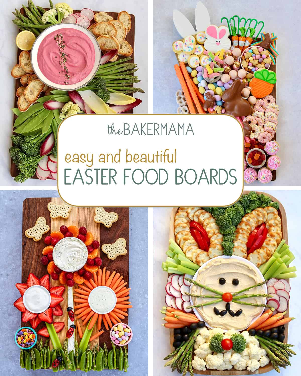 Whipped Beet Ricotta Board, Easter Bunny Treats Board, Springtime Snack Board and Bunny Snack Board..