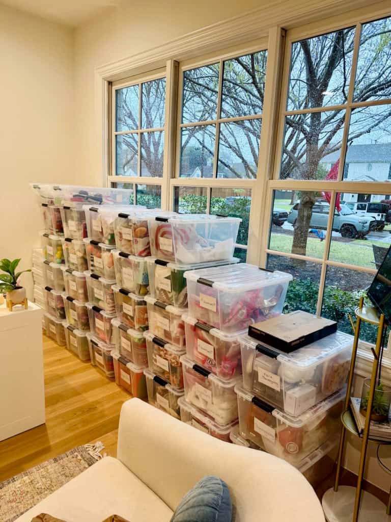 Bins stacked in Maegan's office.