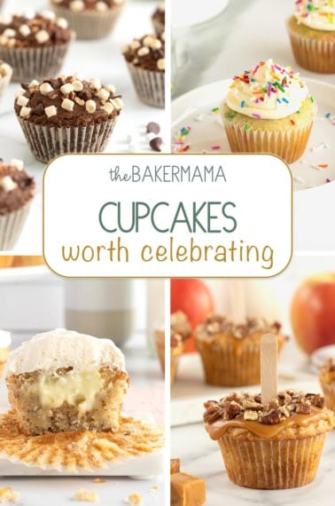 Rocky road brownie cupcakes, vanilla pudding confetti cupcakes, banana pudding cupcakes, and caramel apple cupcakes.