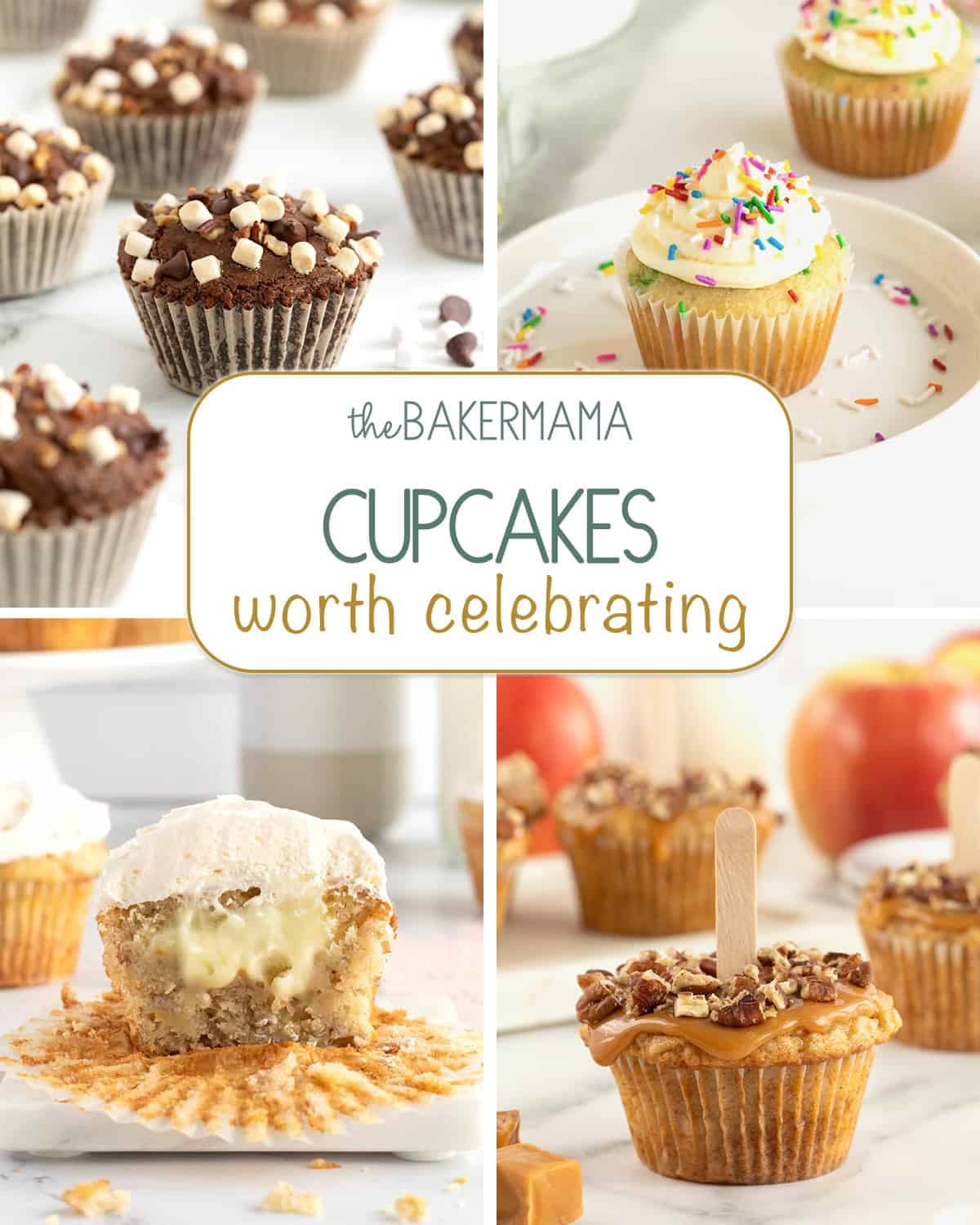 Rocky road brownie cupcakes, vanilla pudding confetti cupcakes, banana pudding cupcakes, and caramel apple cupcakes.