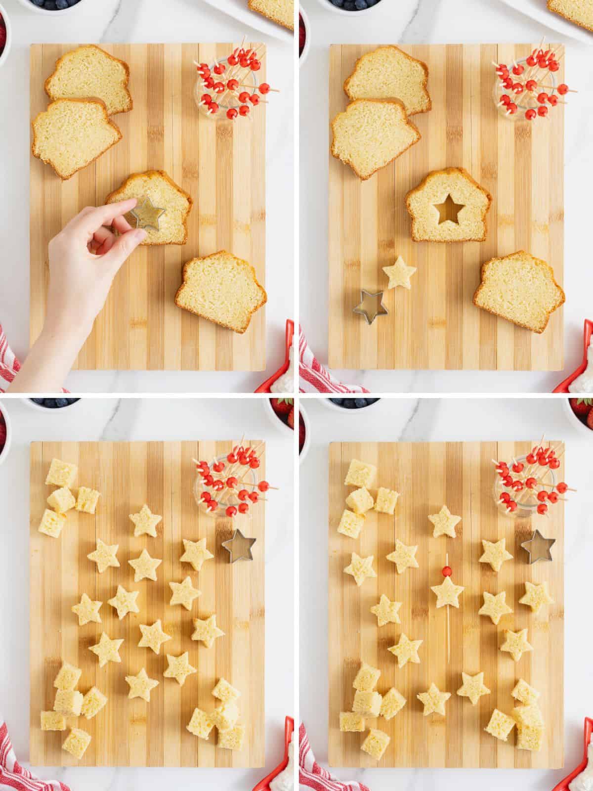 Steps to make shortcake skewers with thawed poundcake.