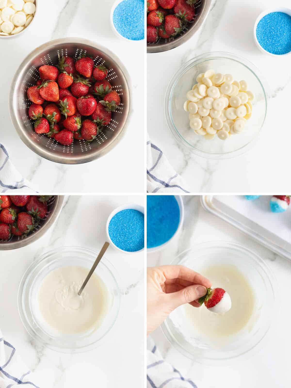 Steps to make red, white and blue strawberries.