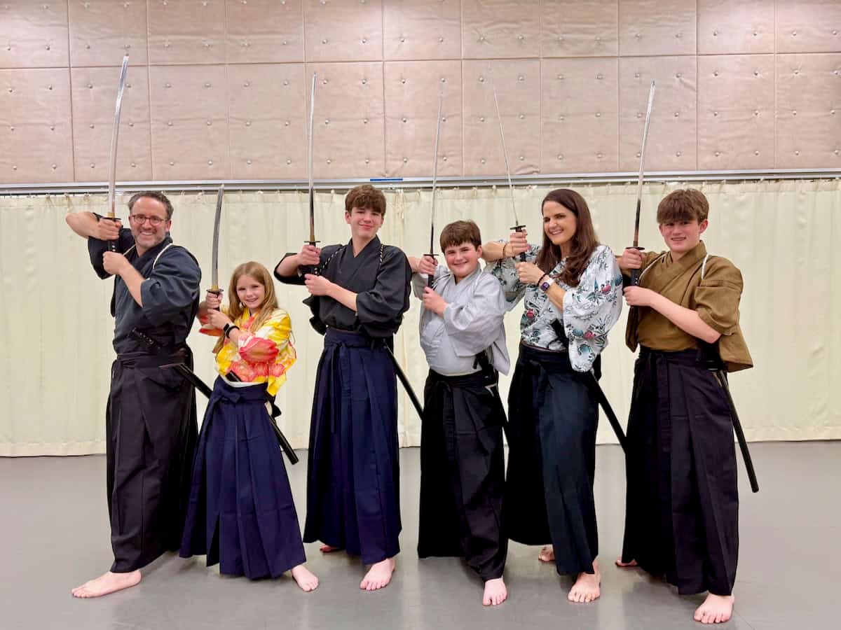 The Brown Family taking samurai sword lessons in Tokyo, Japan.