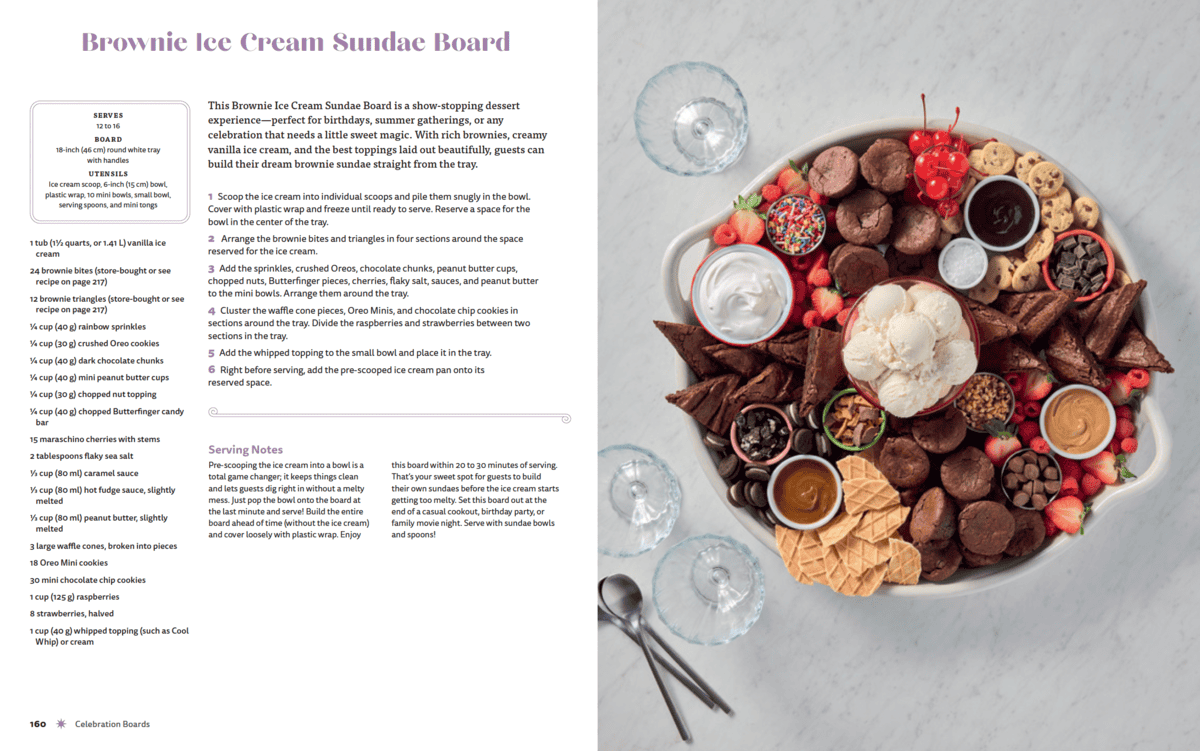 A page from Maegan Brown's Celebration Boards cookbook showing the brownie ice cream sundae board recipe.