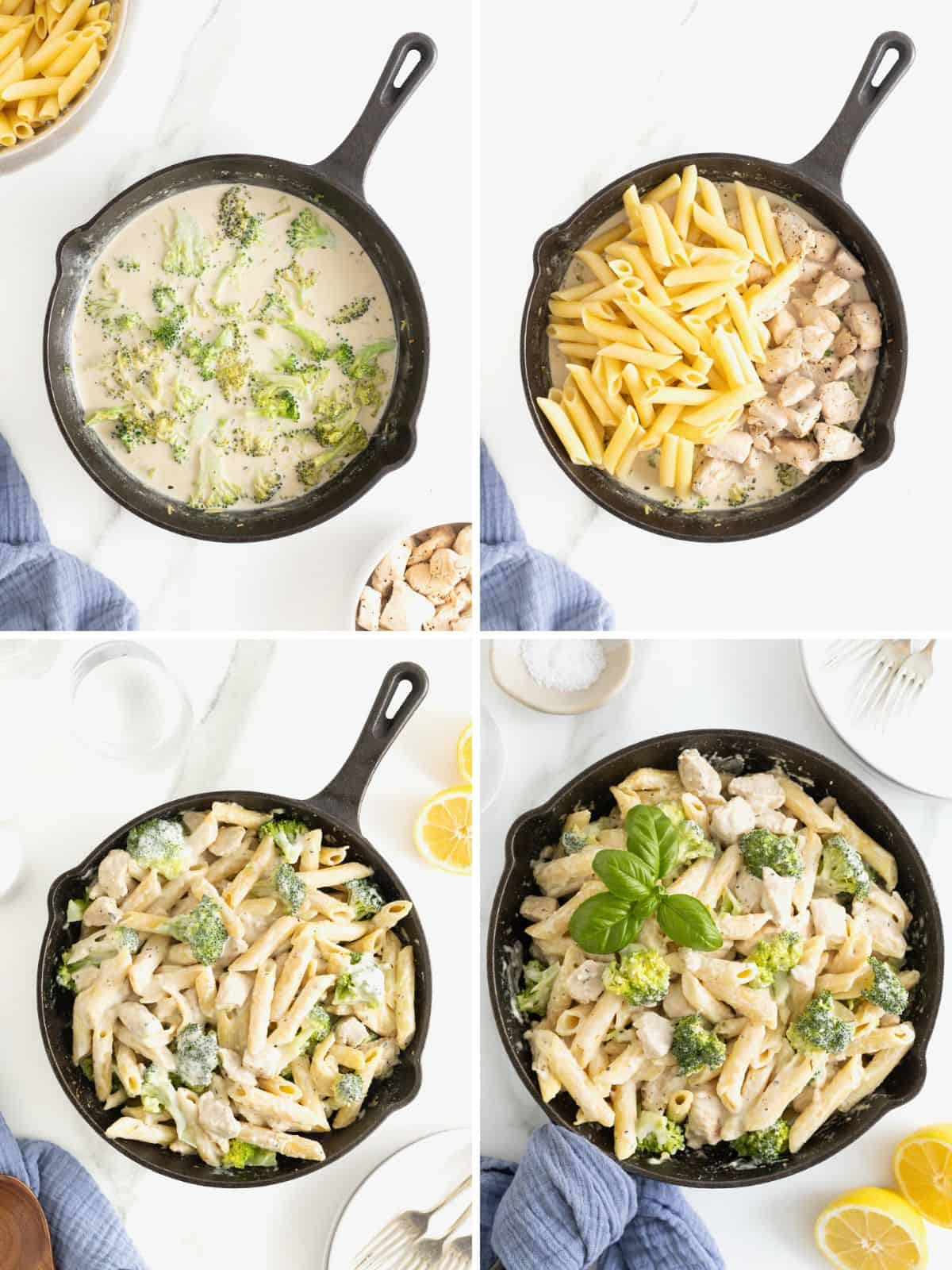 Steps to make creamy lemon chicken pasta with broccoli.