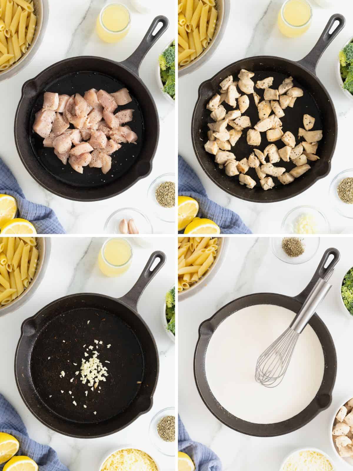 Steps to make lemon chicken broccoli pasta.