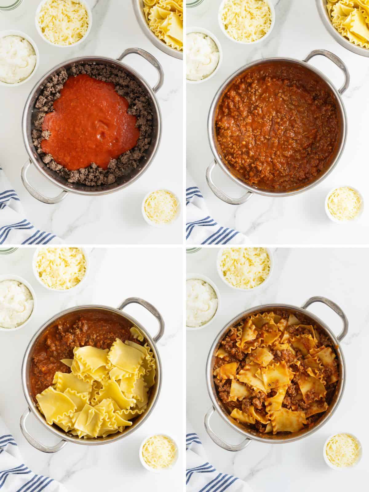 Steps to make skillet lasagna.