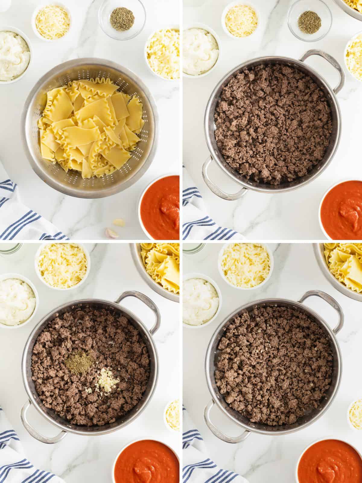 Steps to make easy cheesy skillet lasagna.