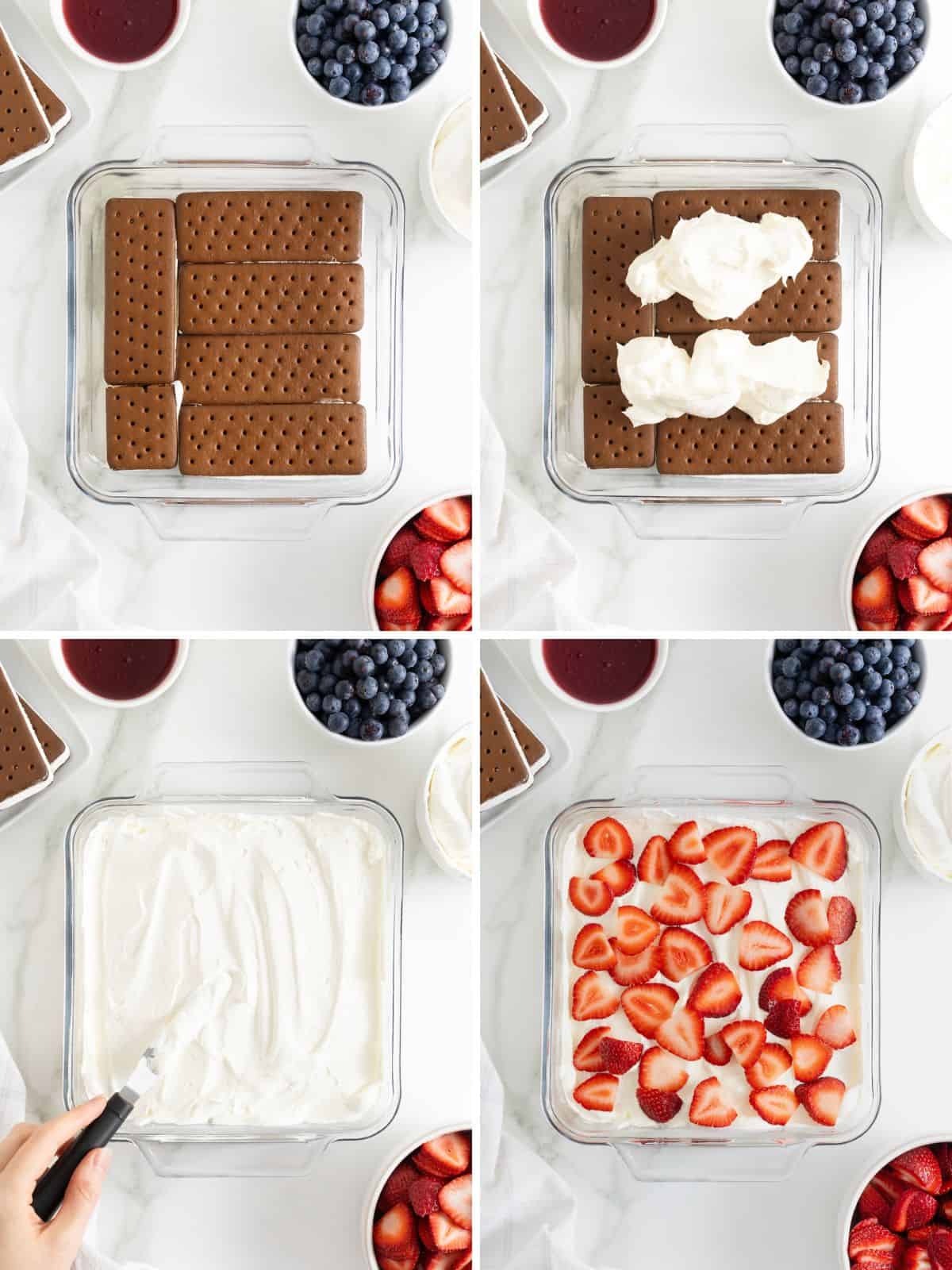 Steps to make fresh berry ice cream sandwich cake.