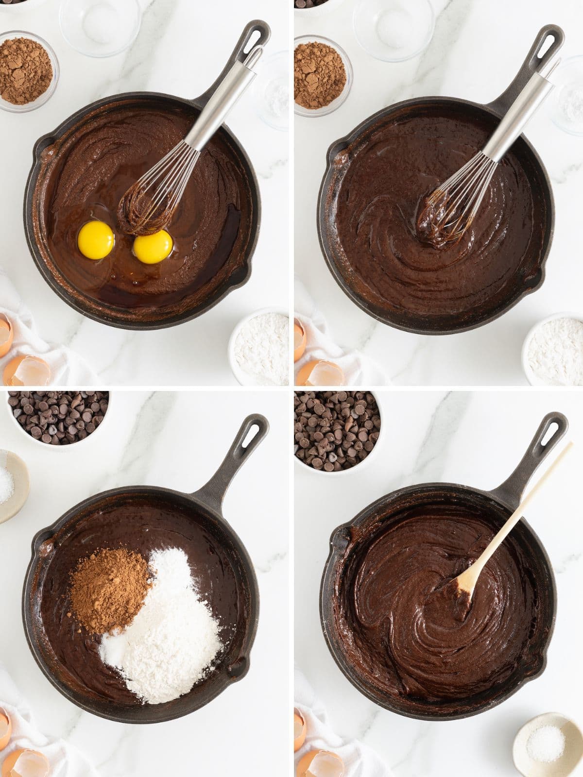 Steps to make a skillet brownie.