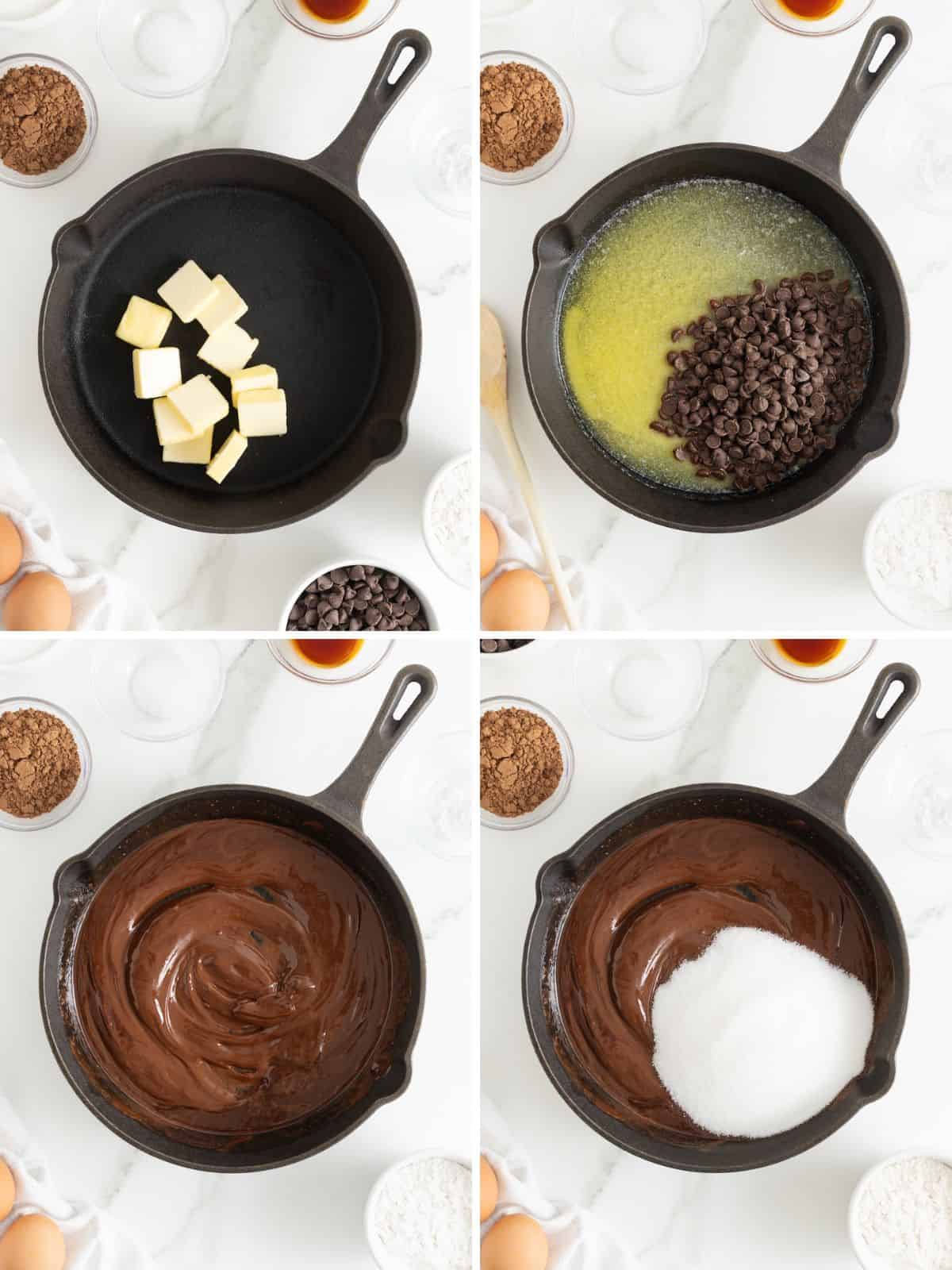 Steps to make a skillet brownie.