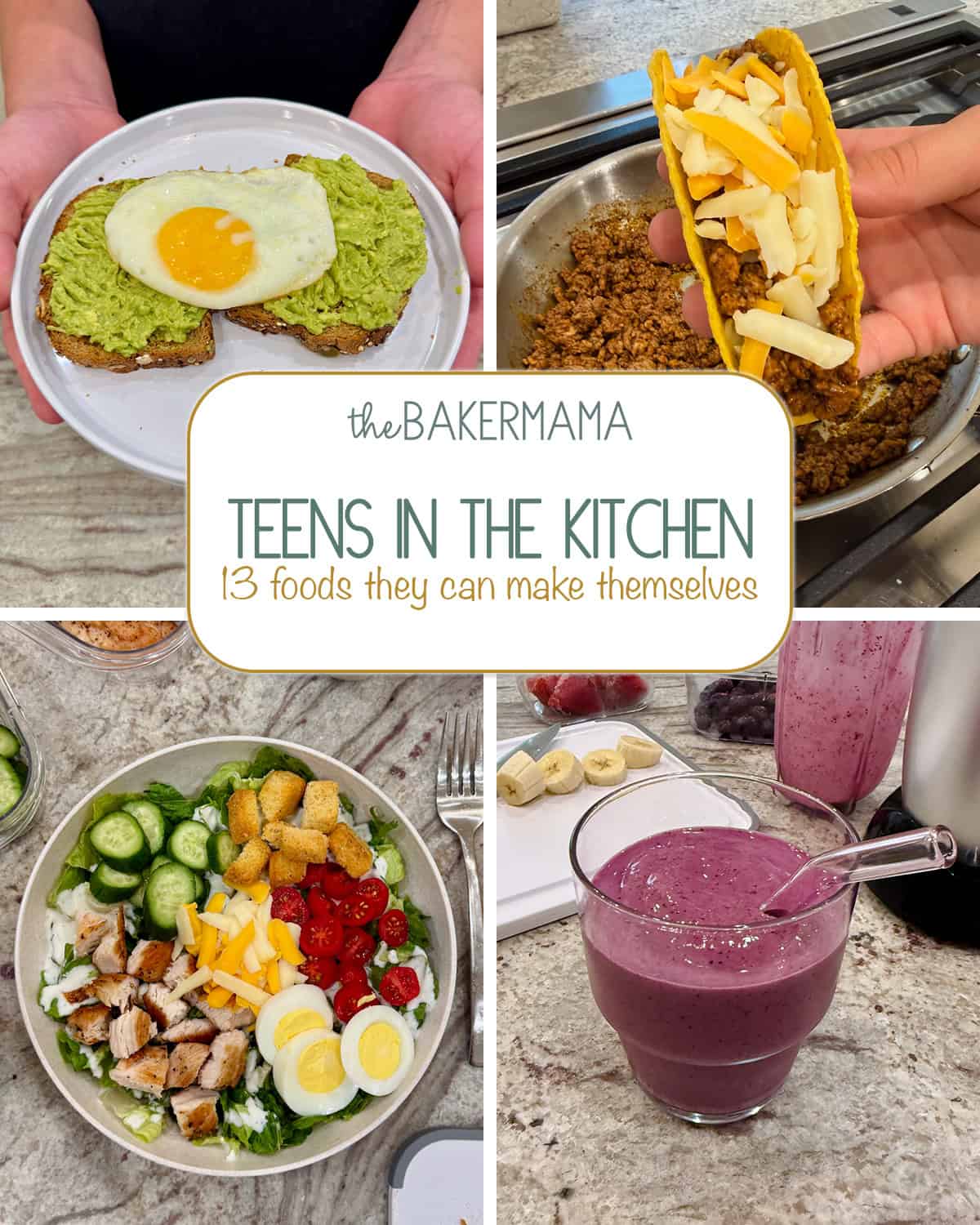 Avocado toast, ground beef for tacos, a salad and a berry smoothie.